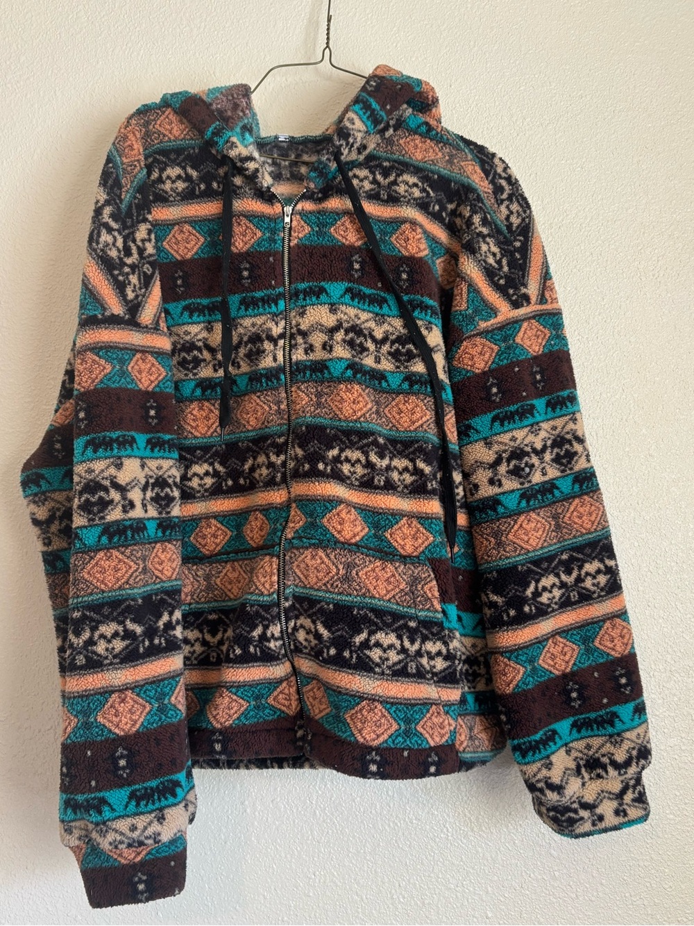 Cozy Patterned Zip-Up Hooded Jacket - Teal, Brown & Cream